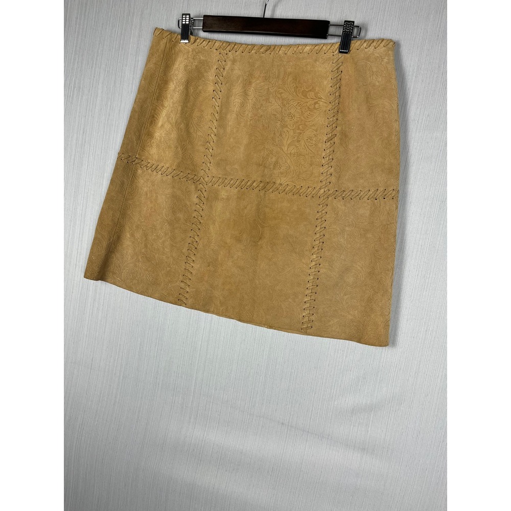 Floral Embossed Tooled Leather Mini Skirt 12 Tan Whipstitch Boho Western